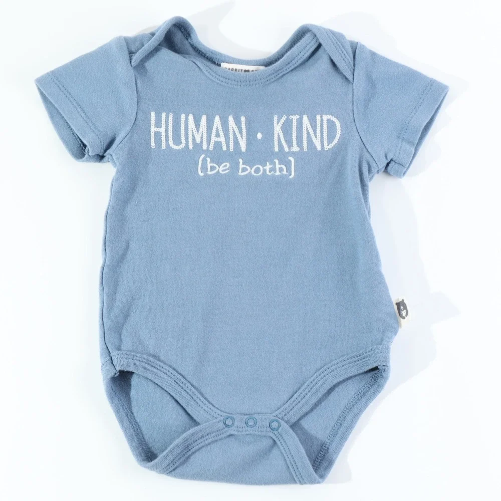 Rabbit + Bear Blue Human Kind Be Both Graphic Bodysuit 3-6M Short Sleeve